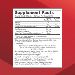 PROTOCOL FOR LIFE BALANCE Gamma E Toco Complex softgels closeup highlights easy-to-swallow capsules
