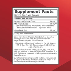 Glutathione 500mg capsules close-up for daily wellness with PROTOCOL FOR LIFE BALANCE.