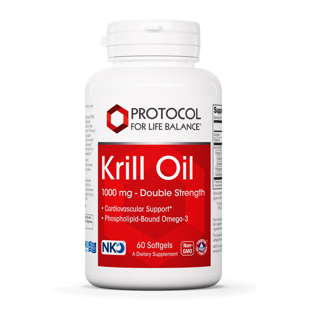 PROTOCOL FOR LIFE BALANCE krill oil bottle, 1,000 mg serving for heart health.