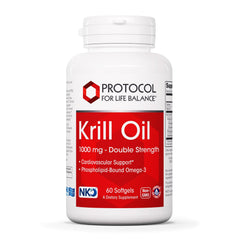 PROTOCOL FOR LIFE BALANCE krill oil bottle, 1,000 mg serving for heart health.