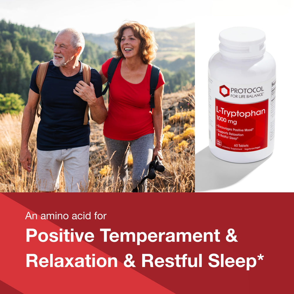 Label of Protocol For Life Balance L-Tryptophan 1000mg highlights key details