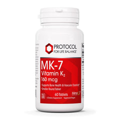 PROTOCOL FOR LIFE BALANCE MK-7 bottle on white surface showing vegan non-GMO daily support