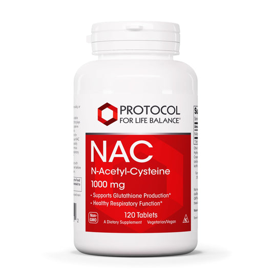 Protocol for Life Balance NAC 1000mg bottle pour supports daily antioxidant needs.