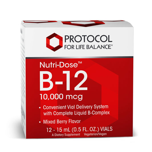 PROTOCOL FOR LIFE BALANCE Nutri-Dose B-12 bottle showing high-potency liquid for energy support