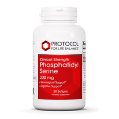 Protocol for Life Balance Protocol Phosphatidylserine 300mg bottle shows easy-to-swallow softgels for daily focus.