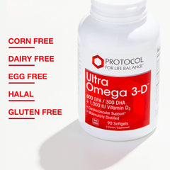 PROTOCOL FOR LIFE BALANCE Ultra Omega 3-D ingredients card shows DHA, EPA, and D3 synergy.
