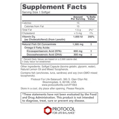 PROTOCOL FOR LIFE BALANCE Ultra Omega 3-D softgels closeup shows easy-to-swallow capsules for daily use.