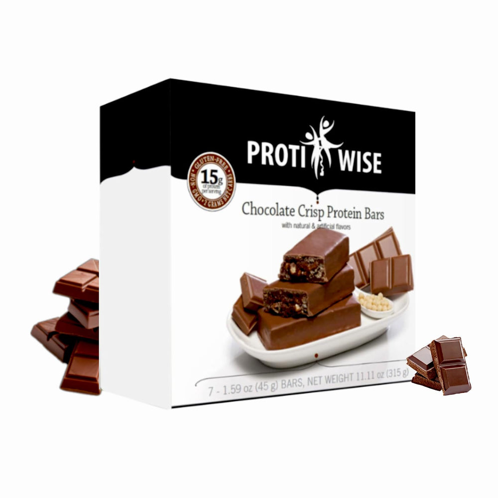 ProtiWise chocolate high-protein bar box shows gluten-free nutrition and protein richness