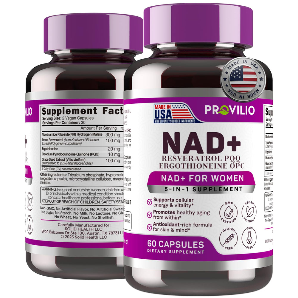 Provilio NAD+ for Women bottle pour showing daily energy support.
