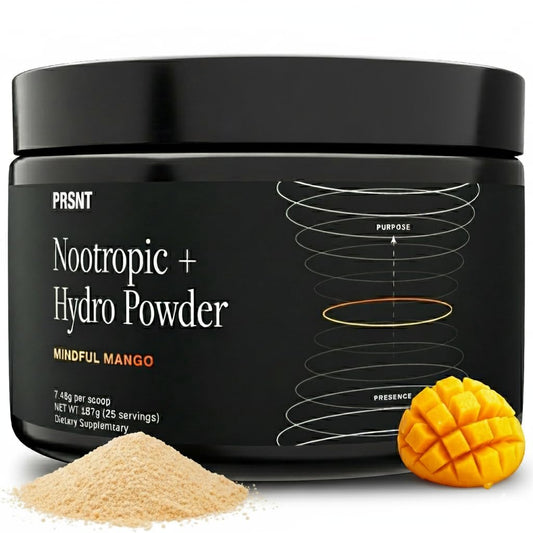 PRSNT Mango Focus Powder bottle for calm, caffeine-free focus during work.