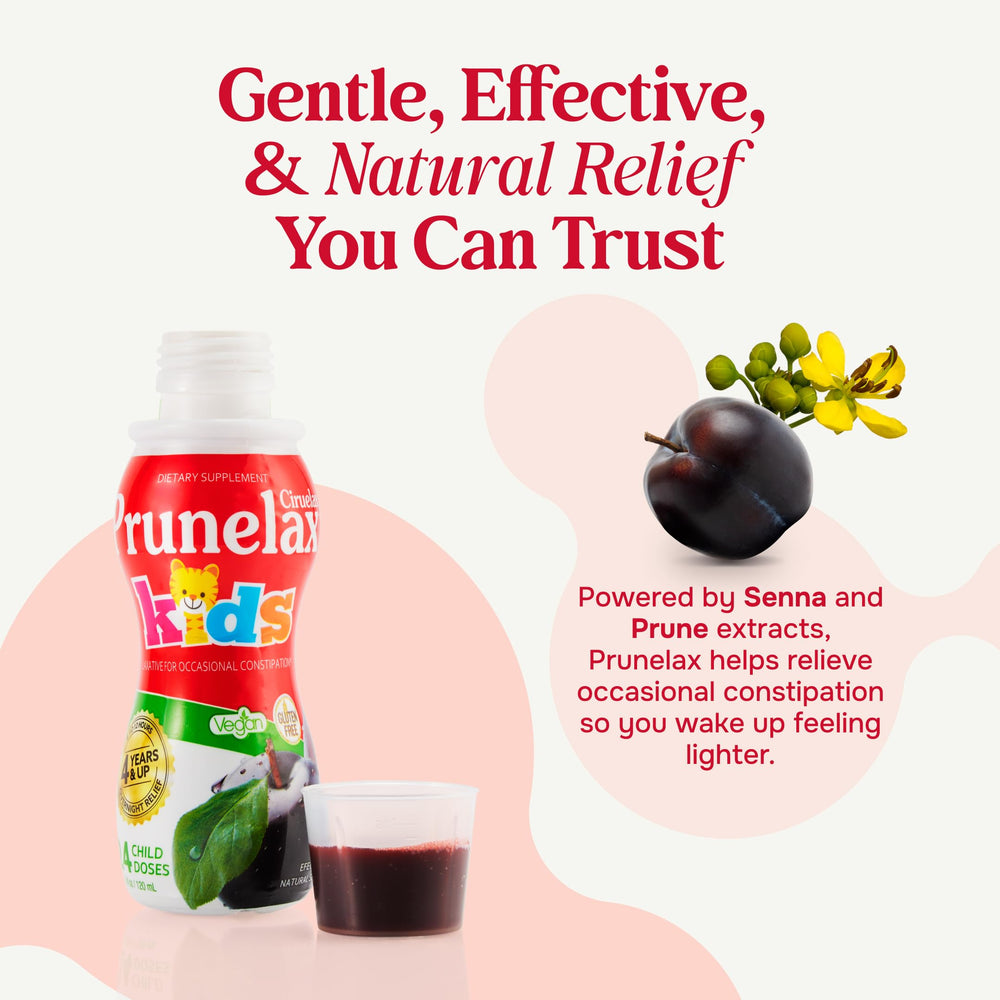 Prunelax Ciruelax bottle pour illustrating easy bedtime dosing
