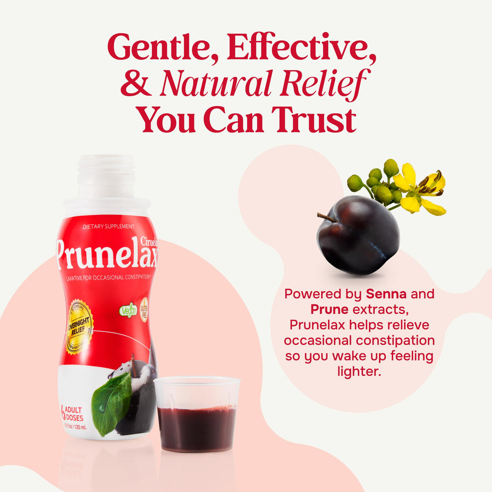 Prunelax Ciruelax bottle highlighting natural Senna leaf extract for gentle support.