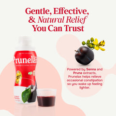 Prunelax Ciruelax bottle highlighting natural Senna leaf extract for gentle support.