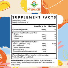 Prunucis Glutathione 2400mg bottle back shows ingredients and allergen-free safety notes