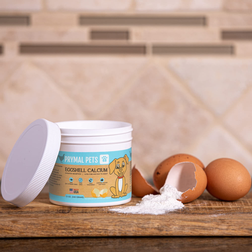 Prymal Pets eggshell calcium powder mixed into cat or dog meals for bone support.