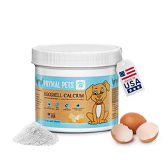 Prymal Pets eggshell calcium powder bottle for easy pet meal supplementation.