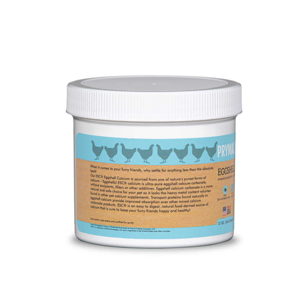 Prymal Pets eggshell calcium powder with measuring spoon enabling precise dosing.