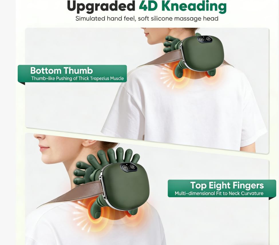 psycat 4D massager in use on shoulders, heat and kneading in action