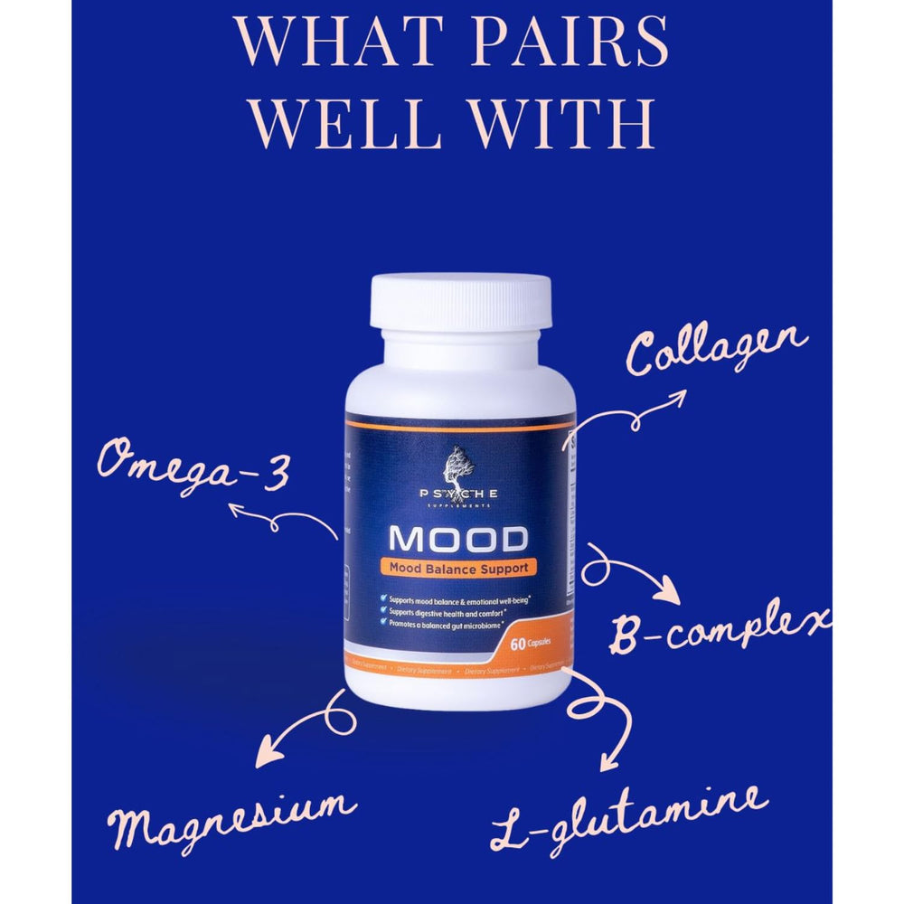 Psyche Supplements Mood Balance image spotlights AstraGin for absorption and overall efficiency.