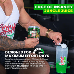 Psycho Pharma Edge of Insanity bottle during a gym session emphasizing focus.