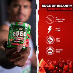 Psycho Pharma Edge of Insanity glass-mix highlighting a bold supplement shake