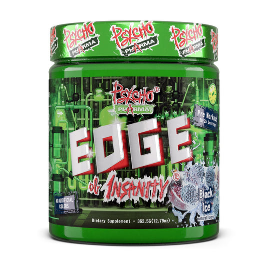 Psycho Pharma Edge of Insanity tub label signaling bold energy potential for intense workouts.