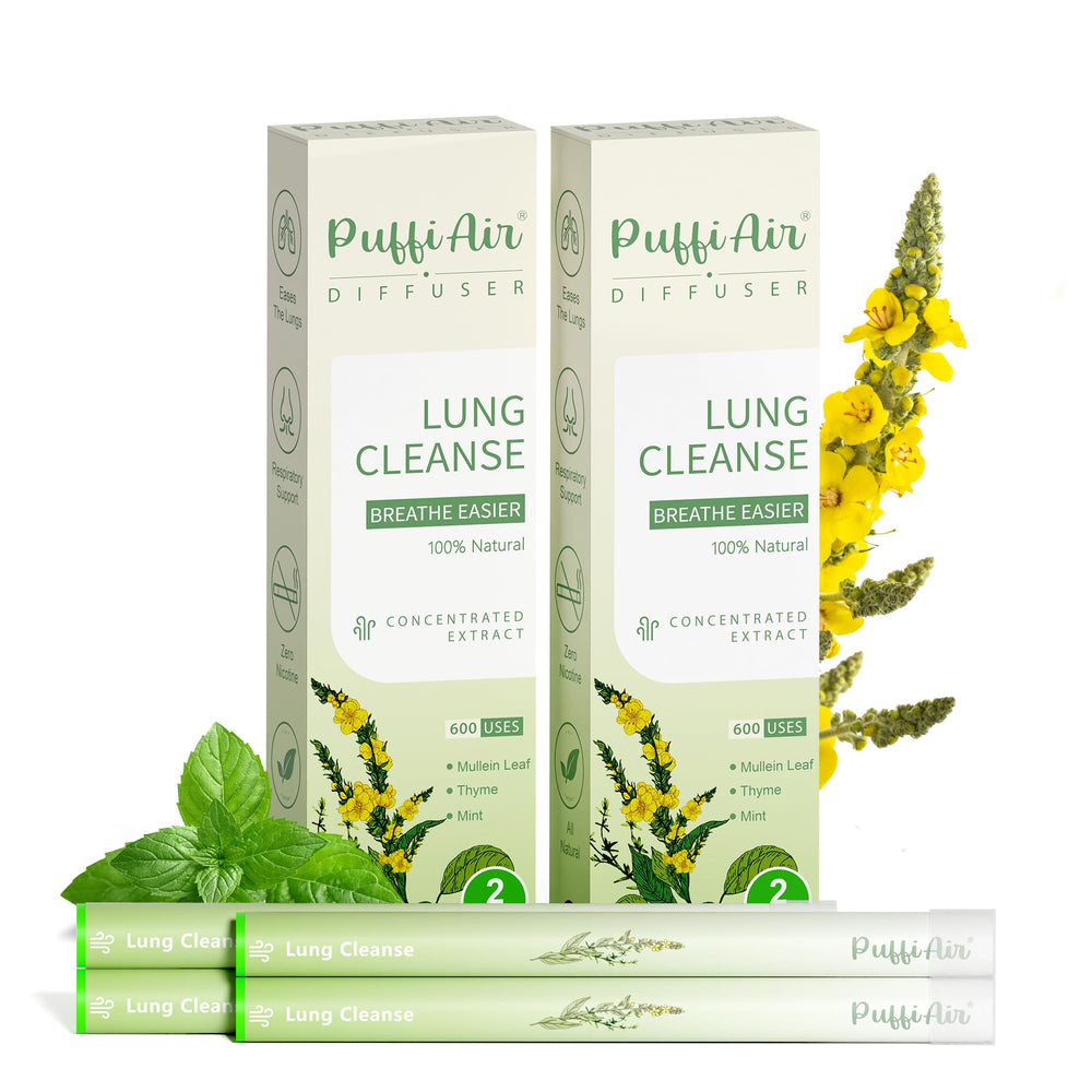 PUFFIAIR herbal diffuser pen close-up showing mullein, thyme, and mint for breath support.