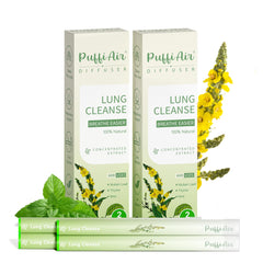 PUFFIAIR herbal diffuser pen close-up showing mullein, thyme, and mint for breath support.