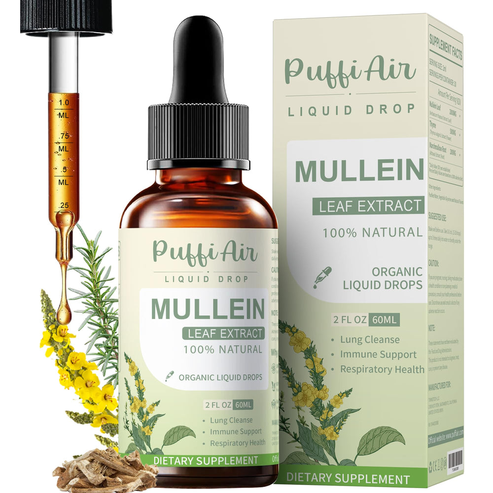 PUFFIAIR Mullein Drops bottle closeup for daily respiratory support.