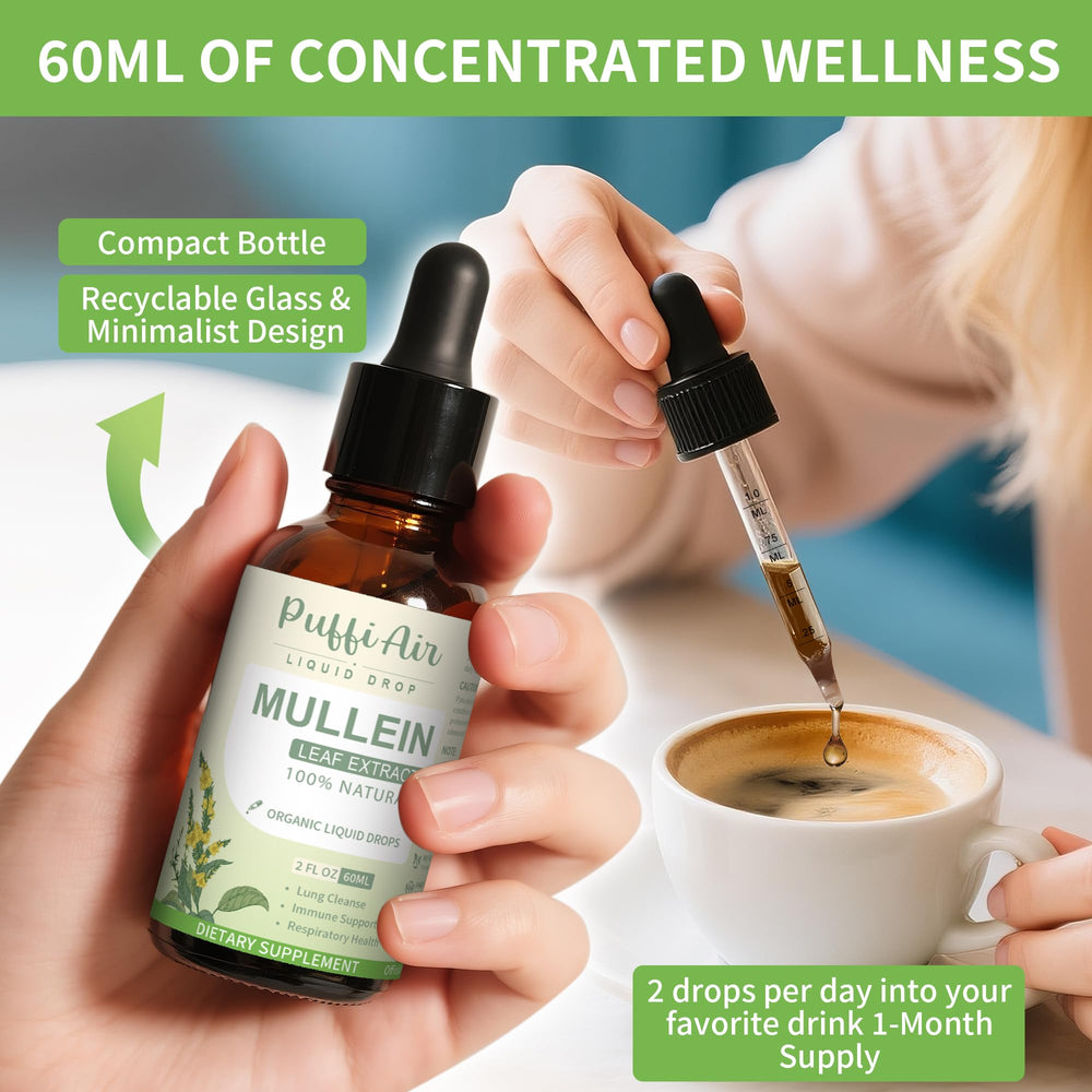 PUFFIAIR Mullein Drops bottle with label detail confirming vegan and non-GMO quality