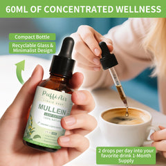 PUFFIAIR Mullein Drops bottle with label detail confirming vegan and non-GMO quality