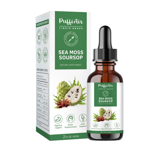 PUFFIAIR Soursop Sea Moss liquid drop bottle highlights antioxidant-rich blend for immune support