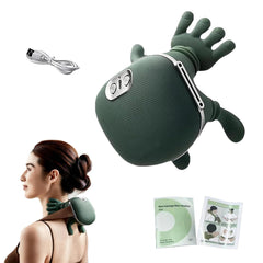 Puisa neck massager worn to relieve shoulders and upper back tension.