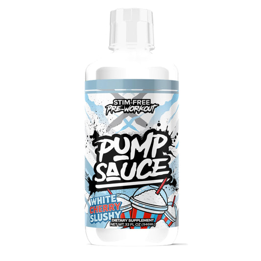 Pump Sauce bottle in White Cherry flavor, caffeine-free pre-workout option for pumps.