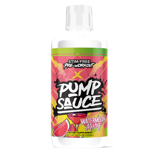 Pump Sauce Watermelon Marg bottle on gym bench, highlighting flavor and workout potential.