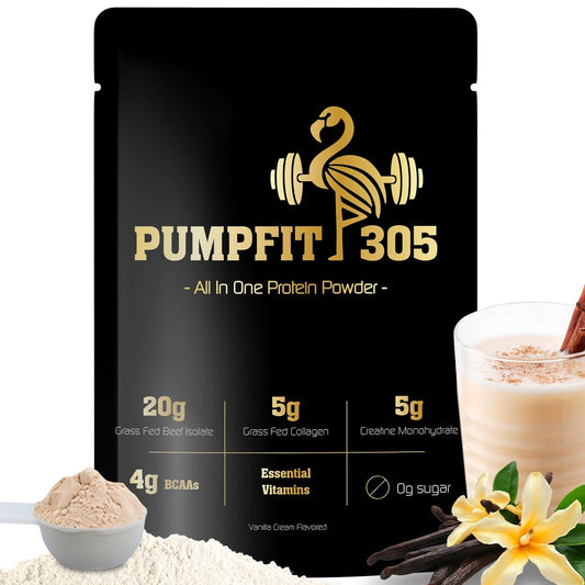 PUMPFIT305 All-in-One vanilla powder in a shaker for post-workout recovery