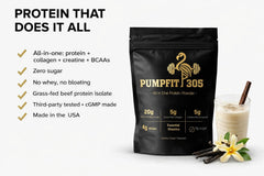 PUMPFIT305 Grass-fed beef protein scoop highlighting a clean ingredient blend