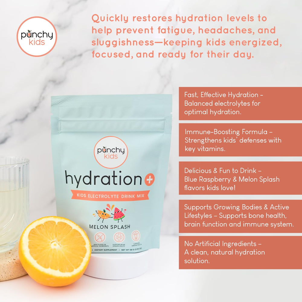 Close-up of Punchy Kids Melon Splash bottle highlighting electrolytes and vitamins