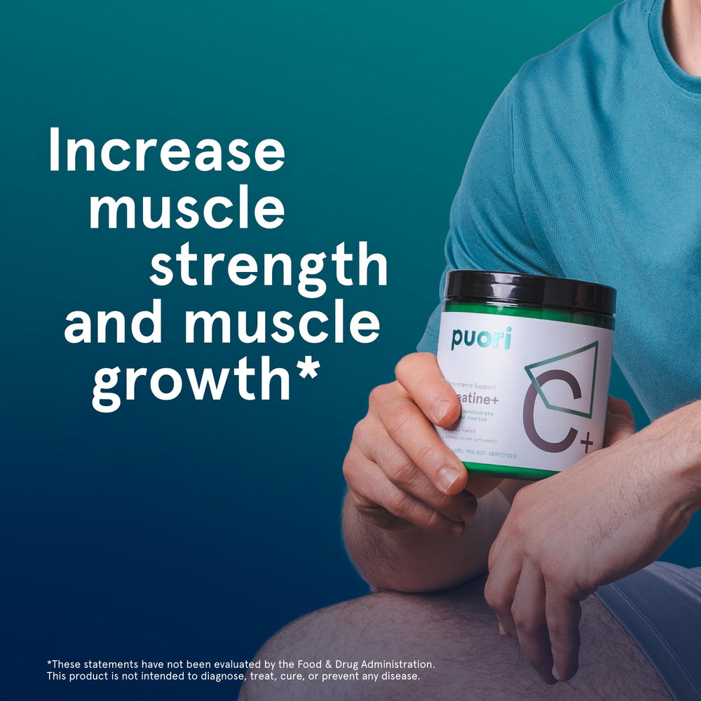 Puori Creatine Monohydrate packaging listing ingredients and taurine on label.