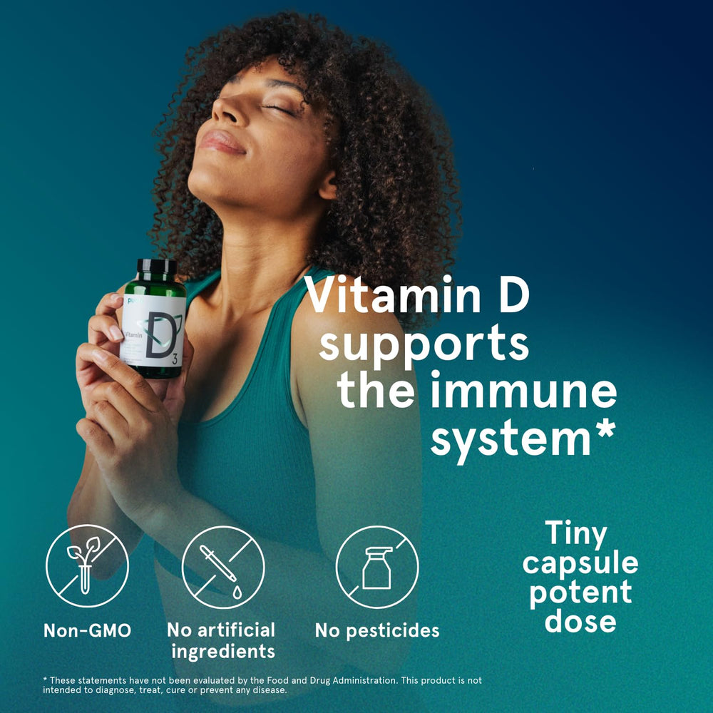 Puori Vitamin D3 Softgels highlighting bone health and muscle function benefits.