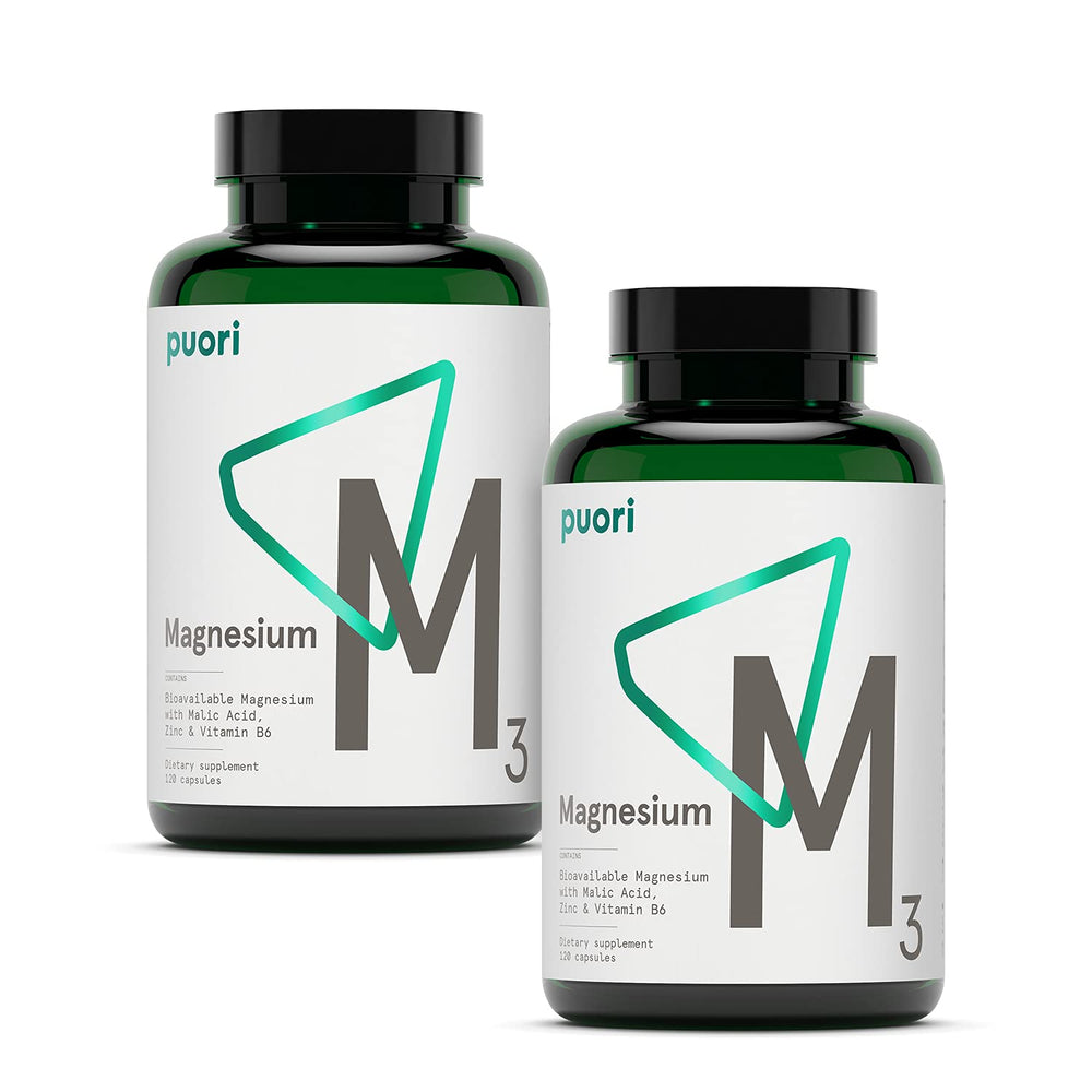 Puori M3 magnesium complex bottle front with vegan capsules for daily energy support.