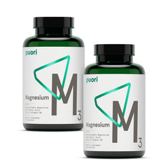 Puori M3 magnesium complex bottle front with vegan capsules for daily energy support.