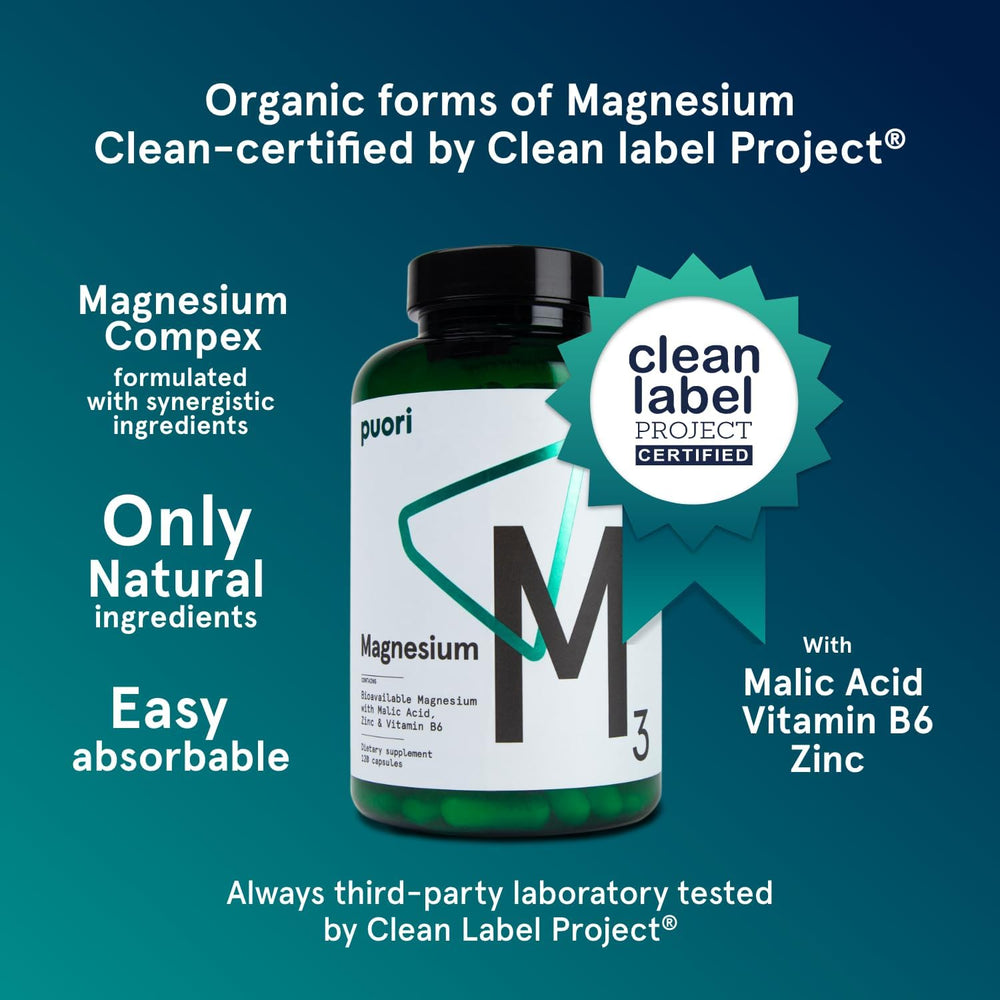 Puori Magnesium Complex bottle label showing zinc and B6 for absorption.