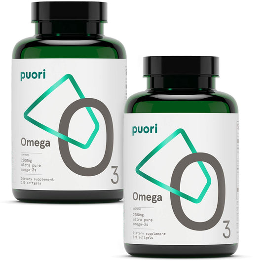 Puori Omega-3 bottle front view shows 2000 mg per serving for heart and brain support