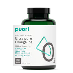 Puori Omega 3 softgel bottle, symbol of purity for daily heart, brain, and eye support.
