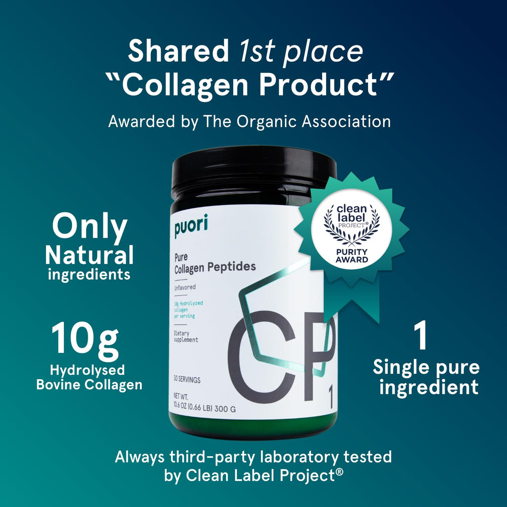 Puori Pure Collagen Peptides scoop highlighting high-protein serving for daily collagen intake.