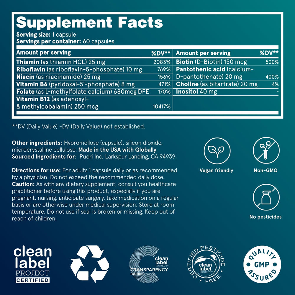 Puori Pure Energy B-Complex front label highlighting methylated vitamins.
