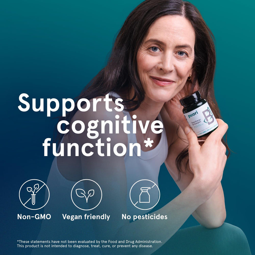 Ingredients panel showing eight essential B vitamins in Puori B-Complex.