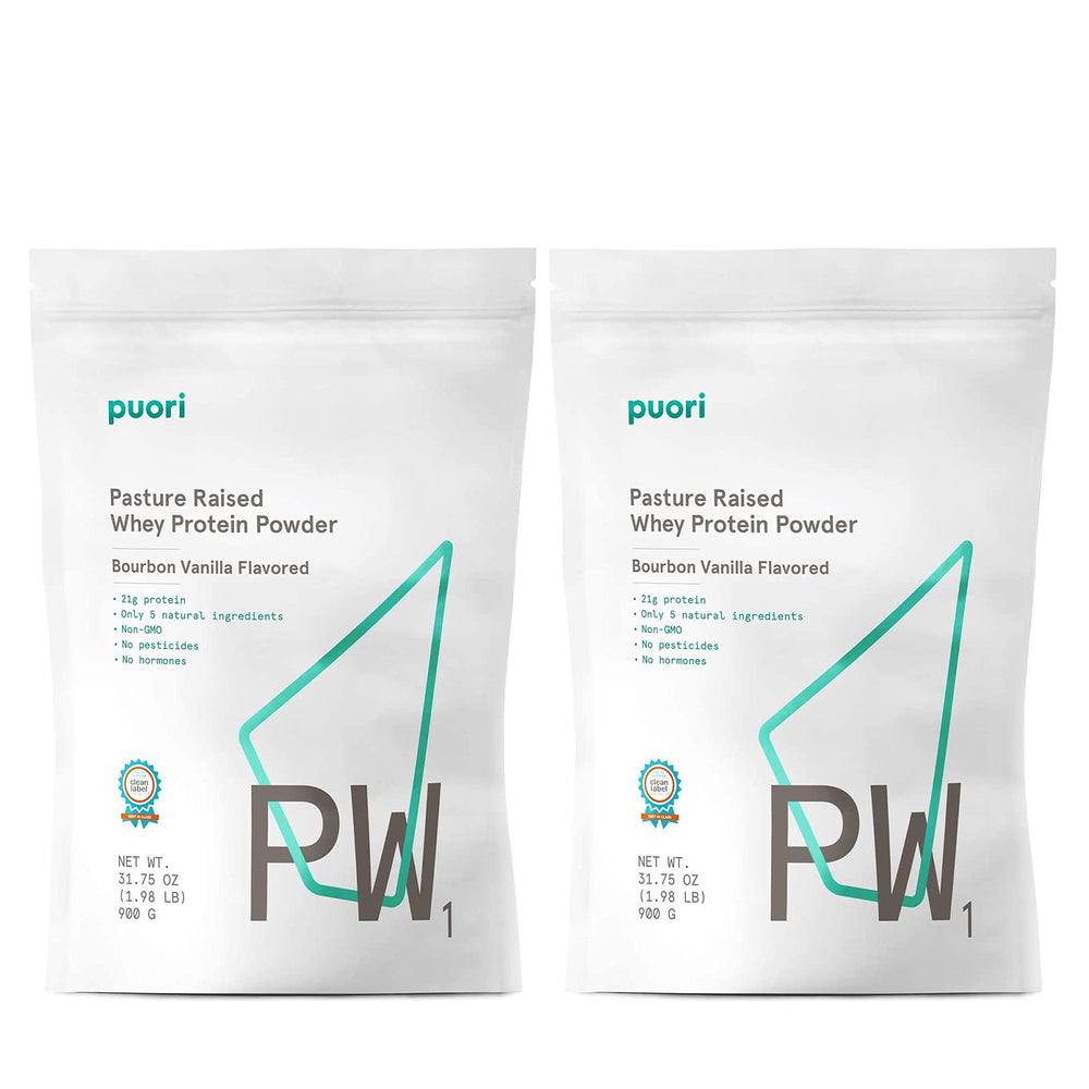 Puori PW1 Bourbon Vanilla bottle shows clean, pasture-raised whey for post-workout support.