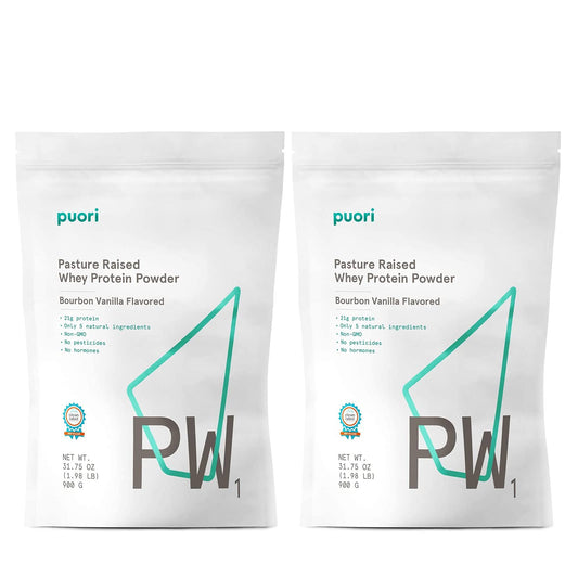 Puori PW1 Bourbon Vanilla bottle shows clean, pasture-raised whey for post-workout support.